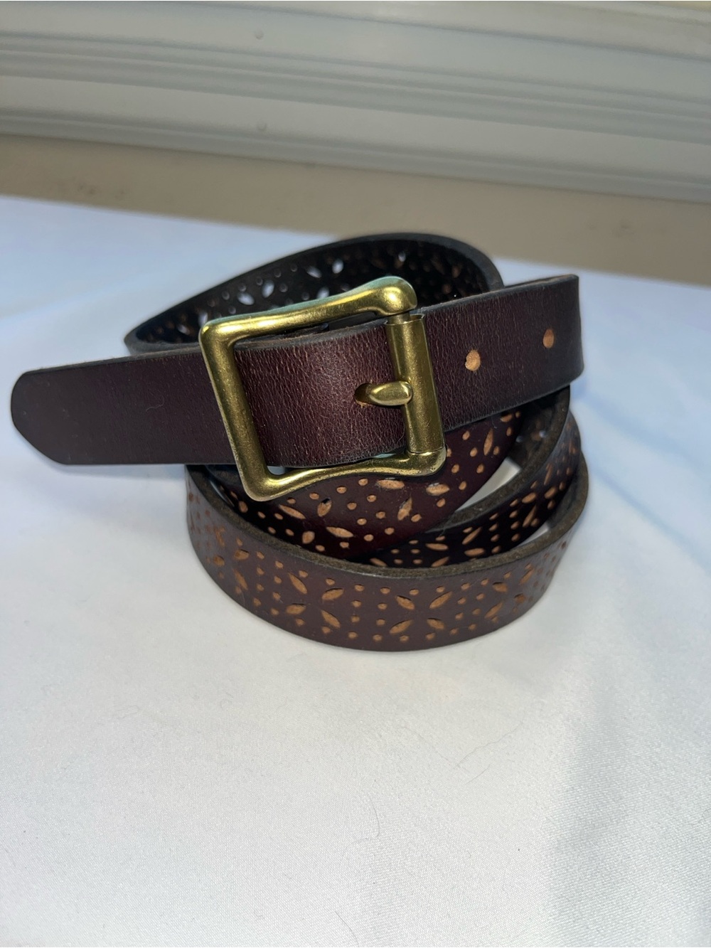 Black Men's Leather Belt with Cutout Pattern and Brass Buckle 2XL